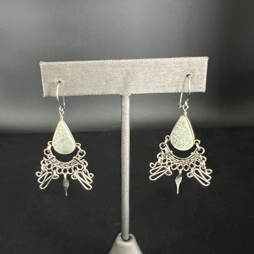 Green Stone Dangle Pierced Earrings Boho Silver Tone Drop